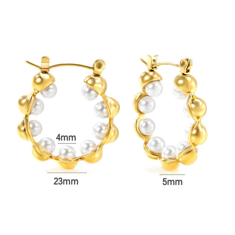 Gold Stainless Steel Pearl Round Earrings