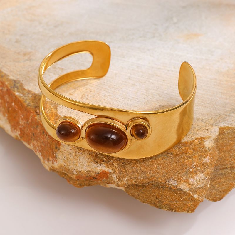 Gold Stainless Steel Tiger Eye Irregular Bracelet