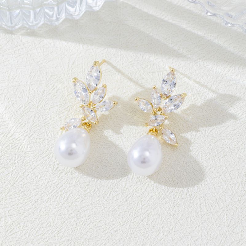 Gold Copper And Diamond-encrusted Leaf And Pearl Earrings