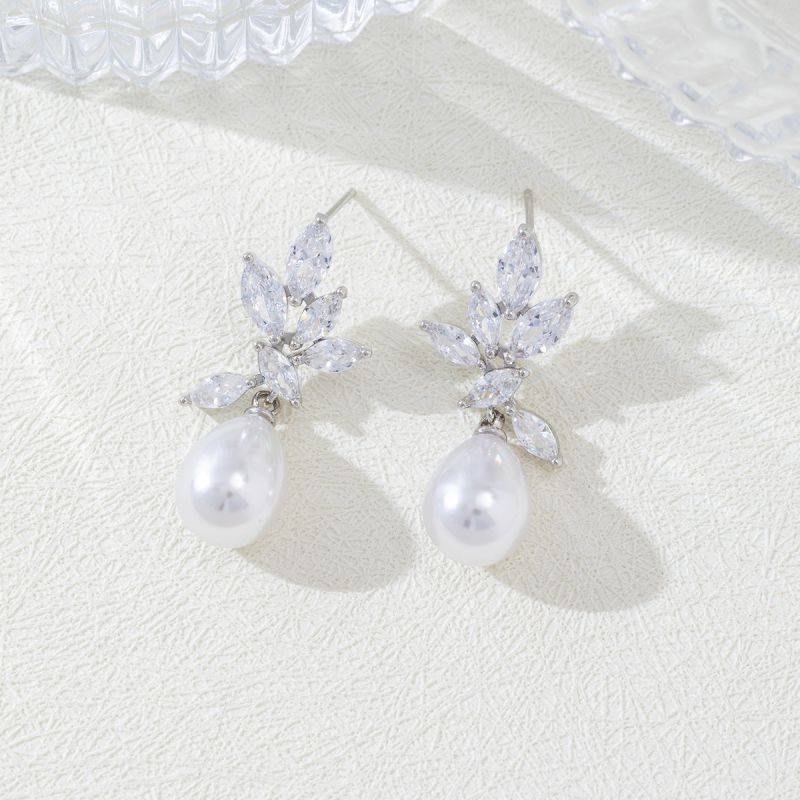 Gold Copper And Diamond-encrusted Leaf And Pearl Earrings