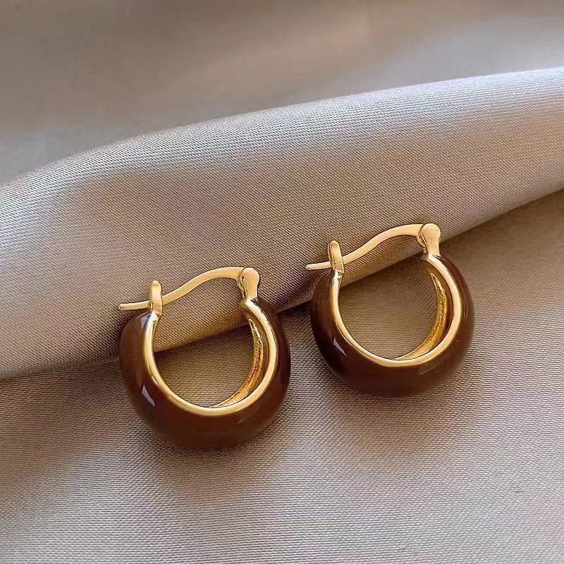 Brown Drip Glaze Copper-plated Round Earrings