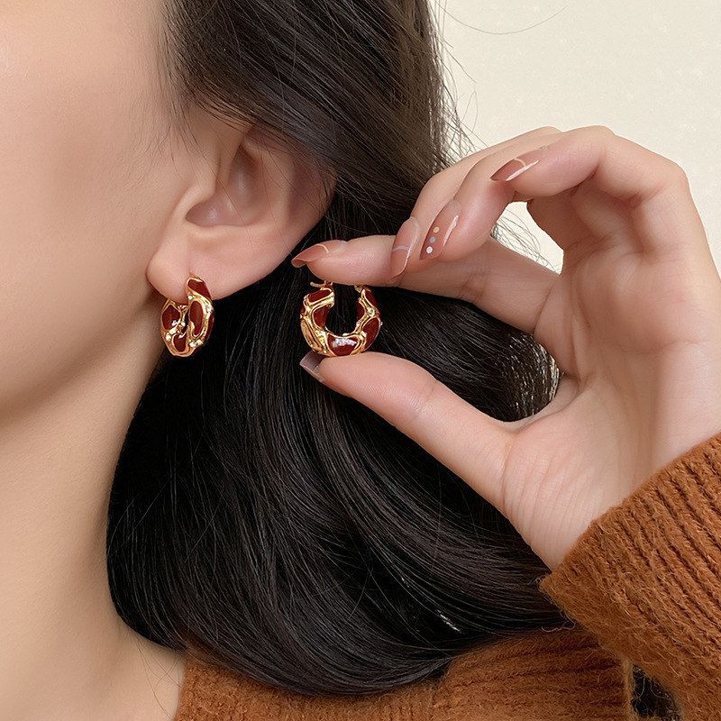Brown Drip Glaze Copper-plated Round Earrings