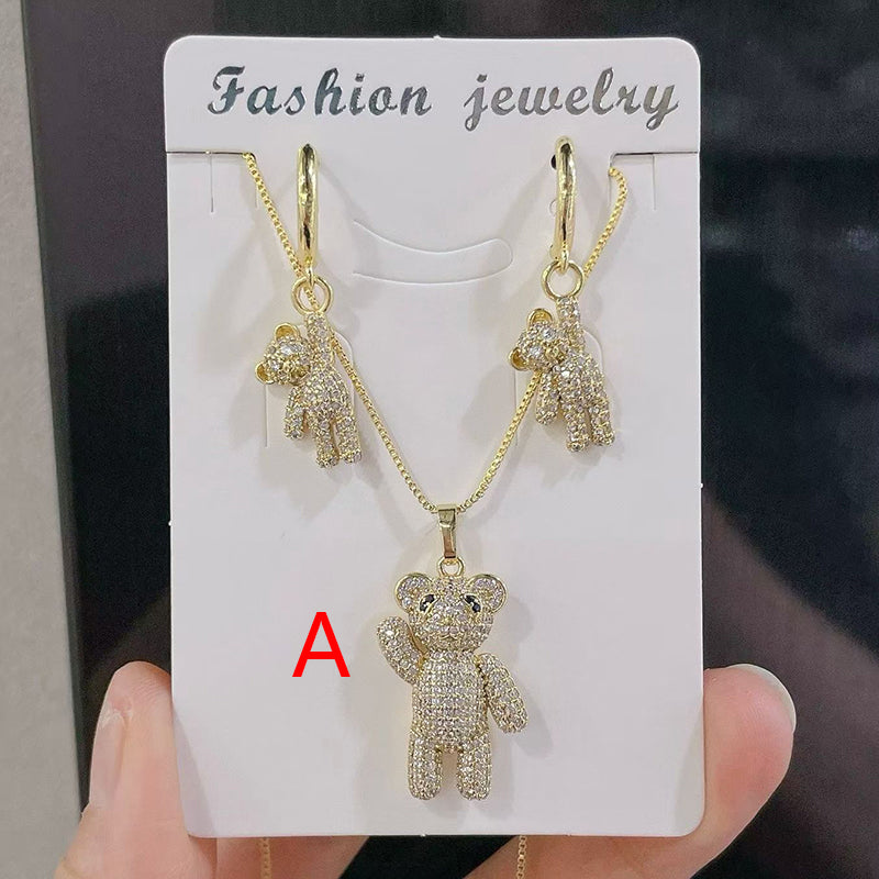 B Copper And Diamond-encrusted Bear Necklace And Earring Set
