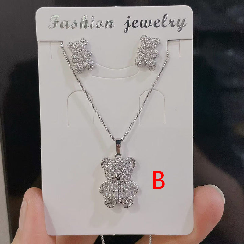 B Copper And Diamond-encrusted Bear Necklace And Earring Set