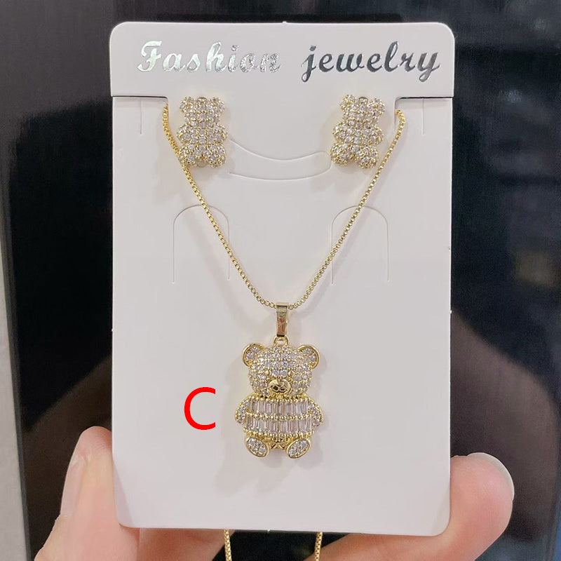 B Copper And Diamond-encrusted Bear Necklace And Earring Set