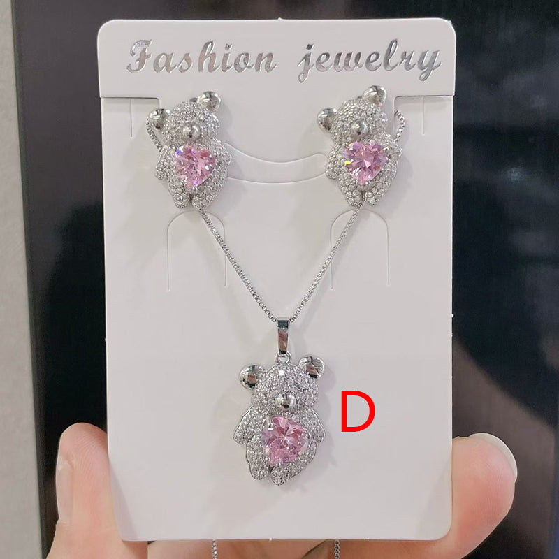 B Copper And Diamond-encrusted Bear Necklace And Earring Set