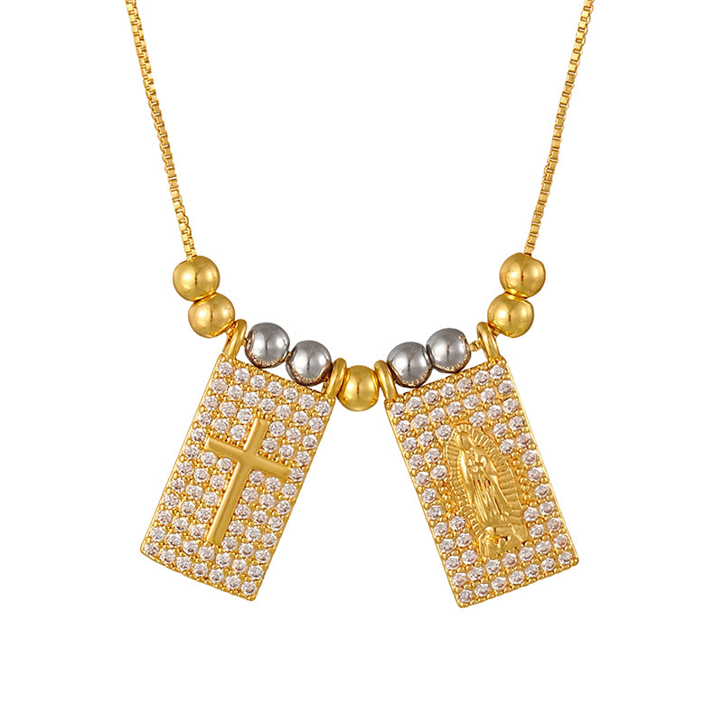 Gold 1 Copper-set Zircon Square Cross Portrait Beaded Necklace