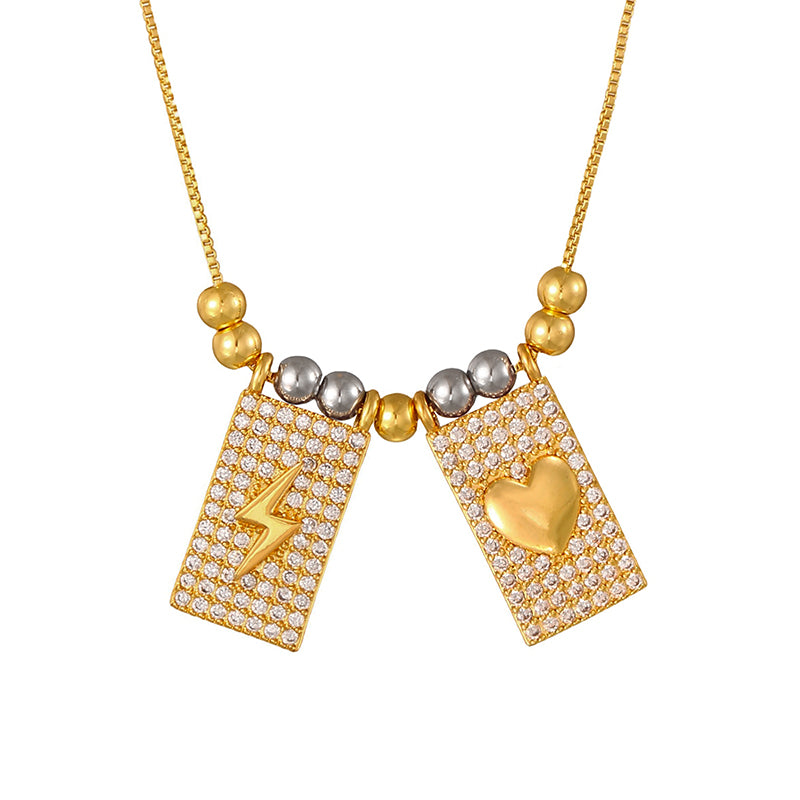 Gold 1 Copper-set Zircon Square Cross Portrait Beaded Necklace