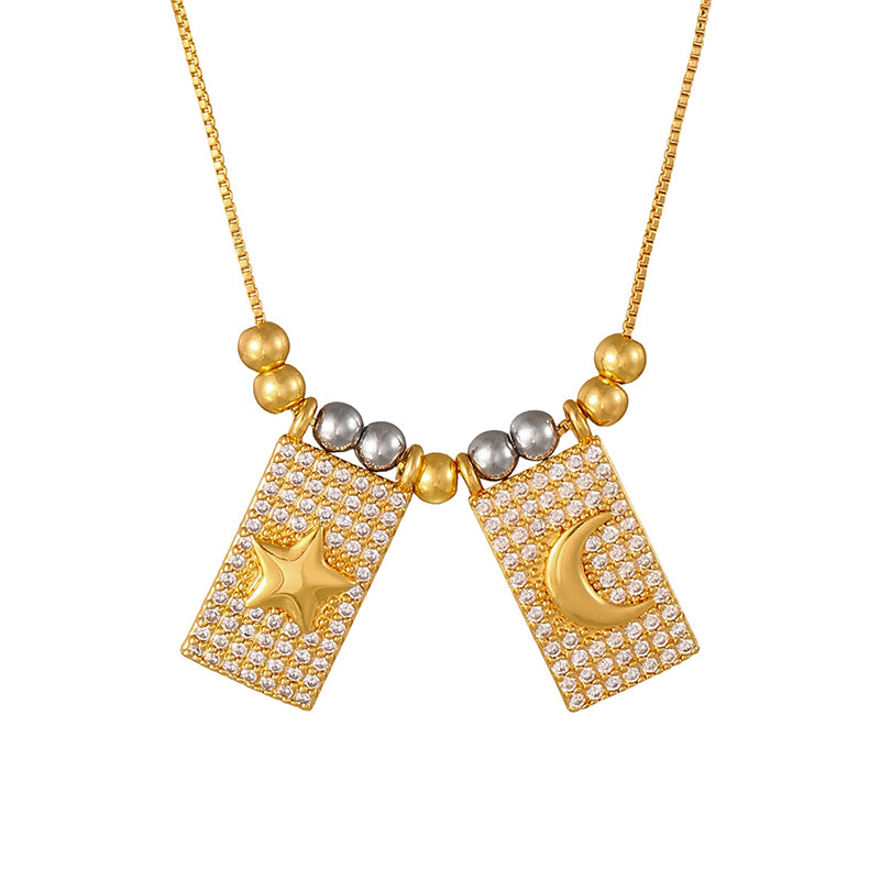 Gold 1 Copper-set Zircon Square Cross Portrait Beaded Necklace