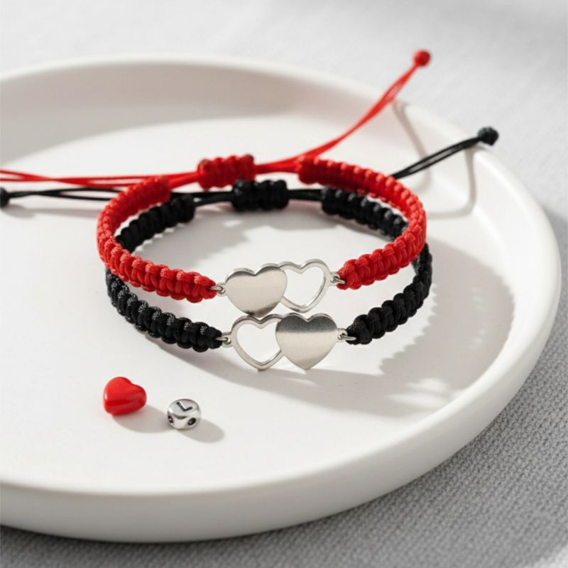 1 Pair Of Double Heart Knot Hand Ropes Black And Red Double Heart Stainless Steel Cord Braided Bracelet
