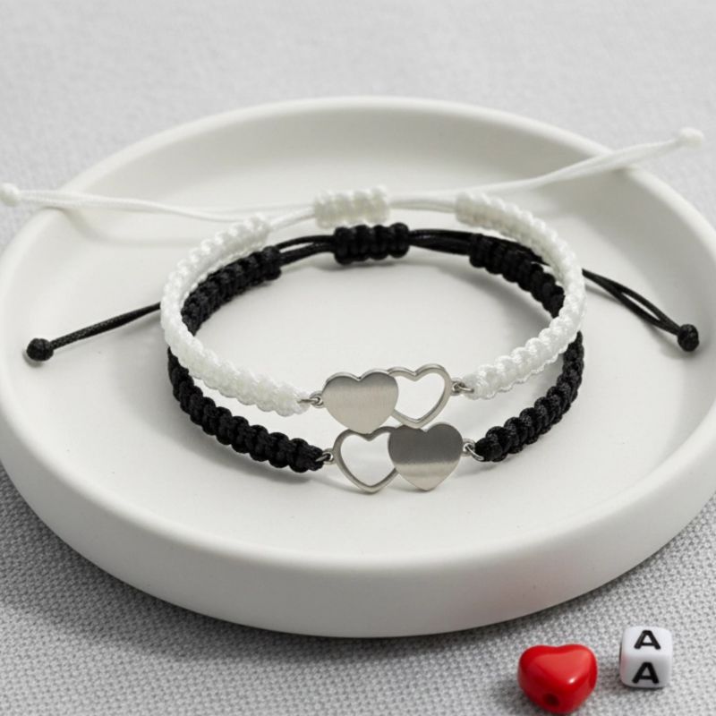 1 Pair Of Double Heart Knot Hand Ropes Black And Red Double Heart Stainless Steel Cord Braided Bracelet