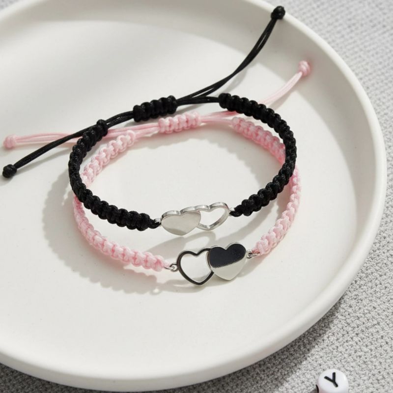 1 Pair Of Double Heart Knot Hand Ropes Black And Red Double Heart Stainless Steel Cord Braided Bracelet