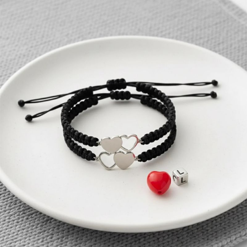 1 Pair Of Double Heart Knot Hand Ropes Black And Red Double Heart Stainless Steel Cord Braided Bracelet