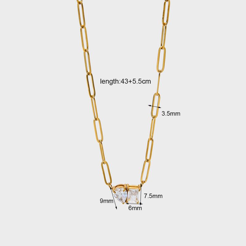 Gold Stainless Steel Diamond-encrusted Teardrop-shaped Square Necklace