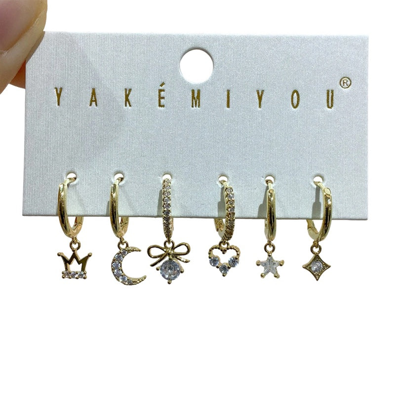 Gold 6-piece Set Of Copper-set Zircon Star And Moon Heart Earrings