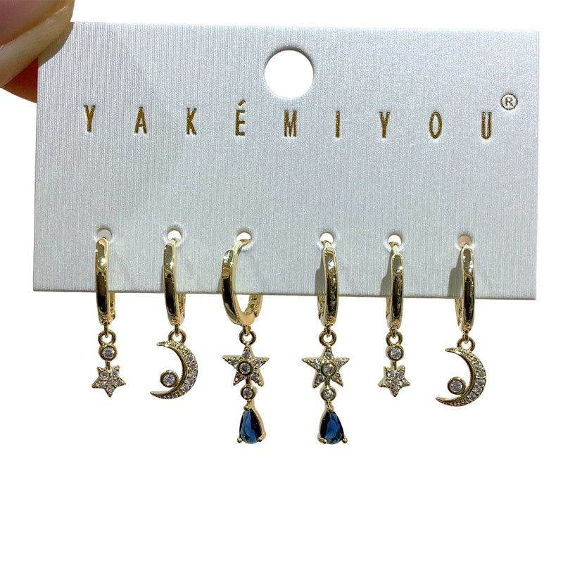 Gold 6-piece Set Of Copper-set Zircon Star And Moon Teardrop Earrings