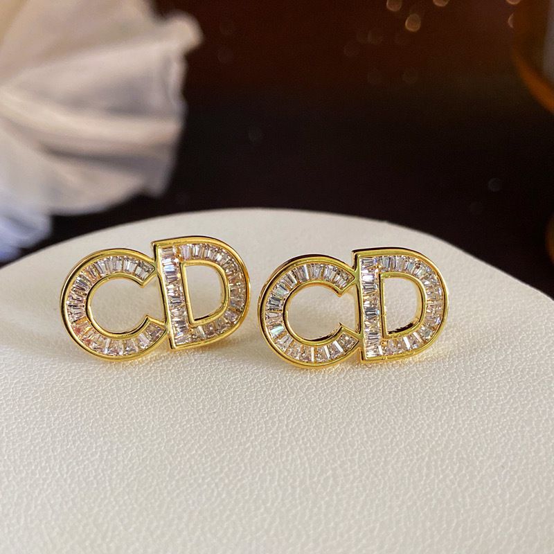 Gold (thickened Genuine Gold Plating) Brass Diamond-encrusted Letter Earrings