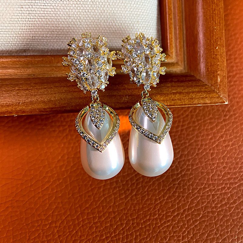 Gold (thickened Genuine Gold Plating) Copper And Diamond Pearl Earrings