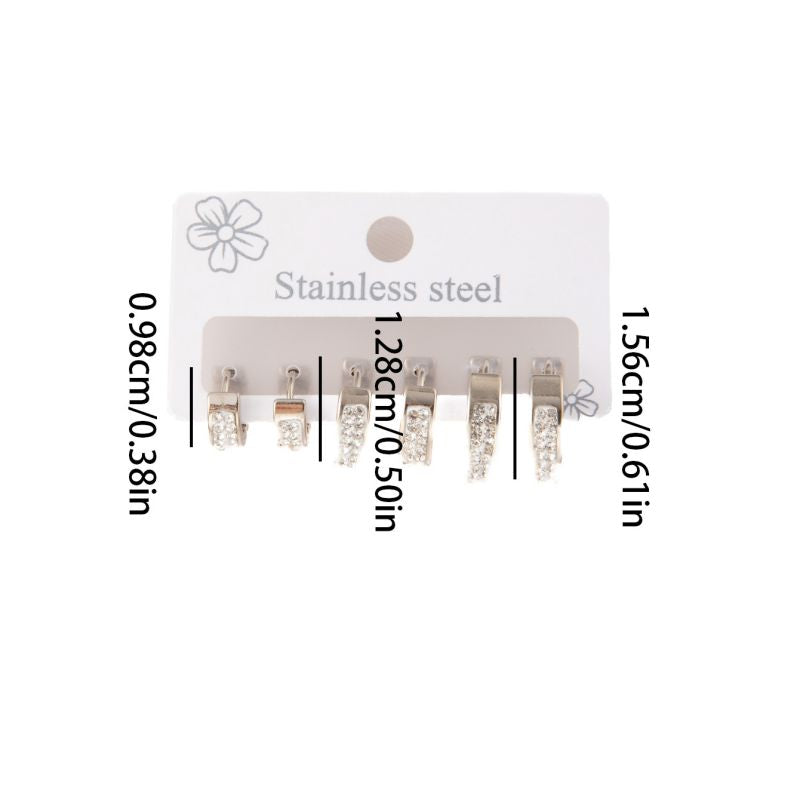 Silver Titanium Steel Diamond-encrusted Round Earring Set