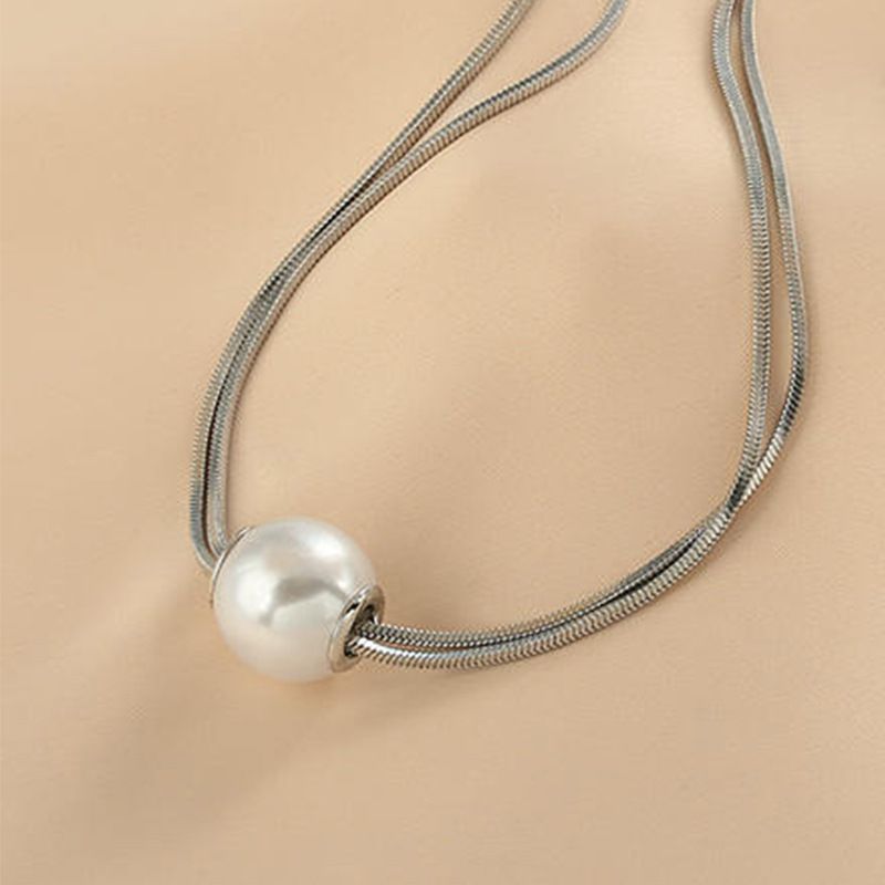 Large Beaded Necklace In Steel Color Titanium Steel Pearl Necklace