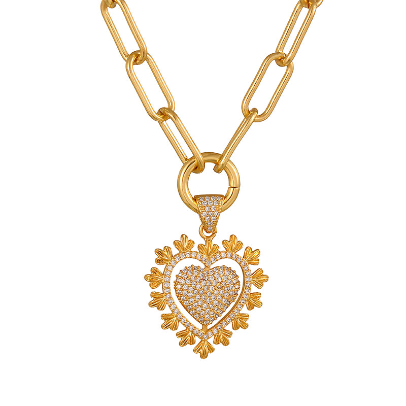 Gold 1 Copper-set Zircon Heart-shaped Clasp Necklace