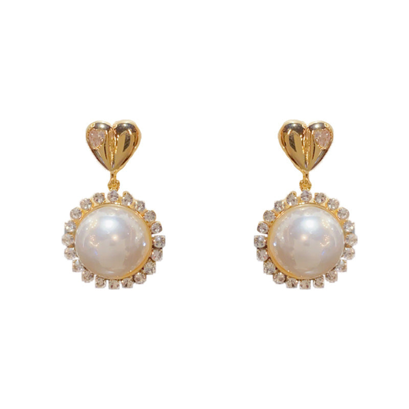 White Metallic Heart-shaped Pearl Hoop Earrings With Full Diamonds (thickened With Real Gold Plating) Metal Heart-shaped Pearl Hoop Earrings