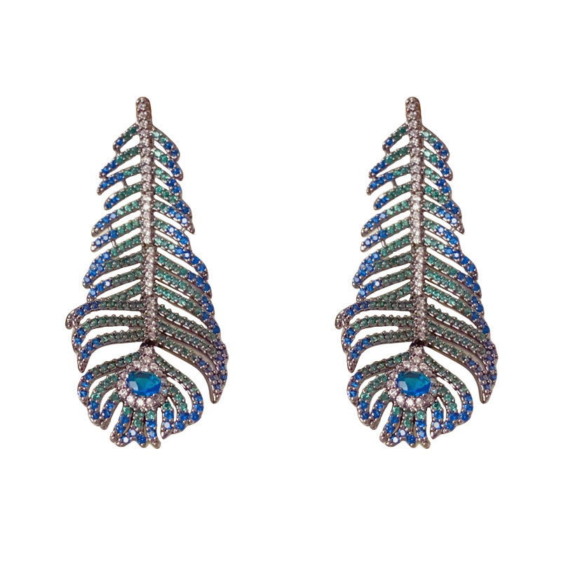 Peacock Feather Tassel Earrings (thickened Black Electroplating) Copper And Diamond-encrusted Feather Earrings