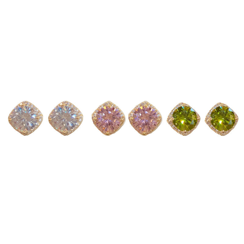 Gold-plated Zircon Tricolor Diamond Earring Set (thickened Genuine Gold Plating) Copper And Diamond Earring Set