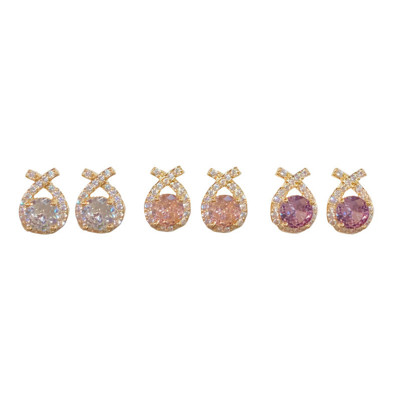 Gold-plated Full Zircon Geometric Tricolor Earring Set (thickened Real Gold Plating) Copper And Diamond-encrusted Round Earring Set