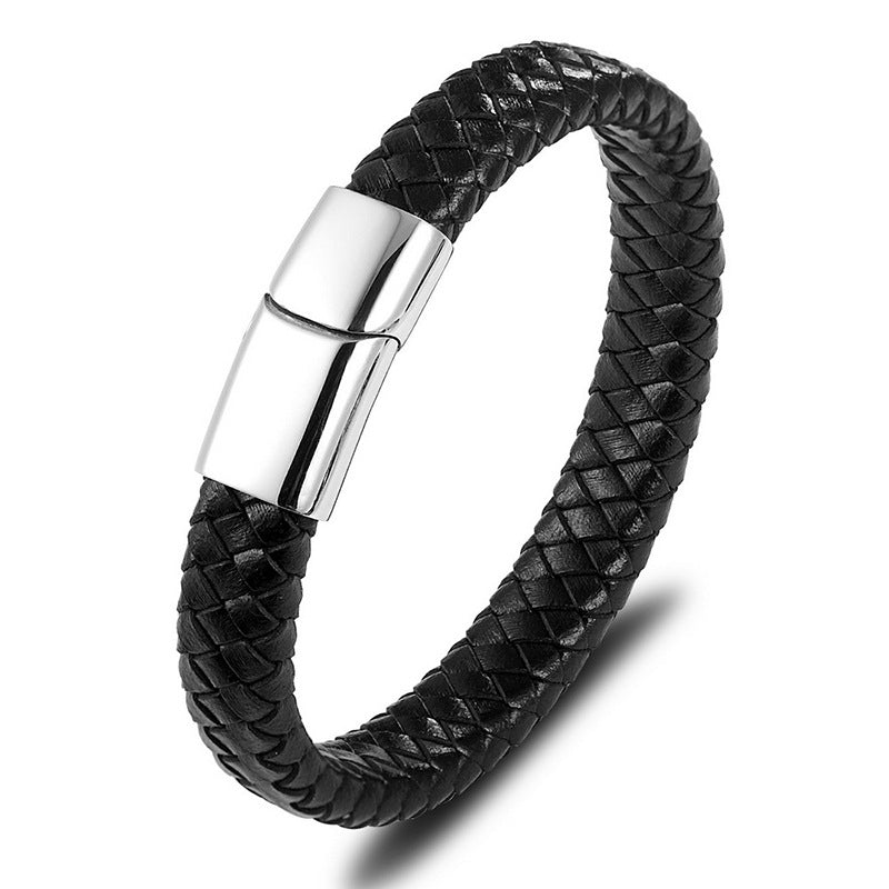 Gold-plated Black Leather -- 21cm Stainless Steel Leather Cord Woven Magnetic Buckle Bracelet
