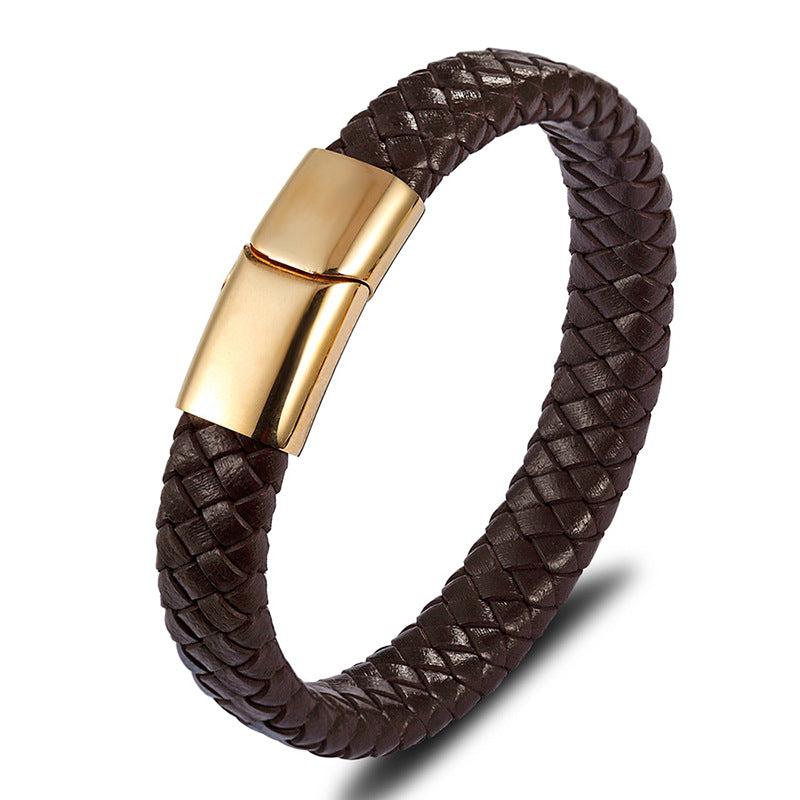 Gold-plated Black Leather -- 21cm Stainless Steel Leather Cord Woven Magnetic Buckle Bracelet