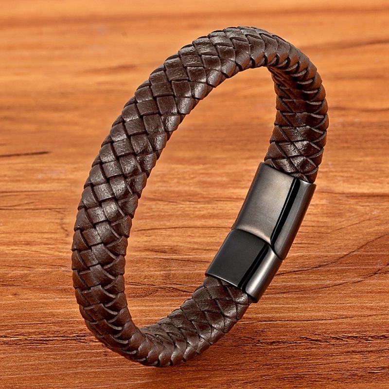 Gold-plated Black Leather -- 21cm Stainless Steel Leather Cord Woven Magnetic Buckle Bracelet