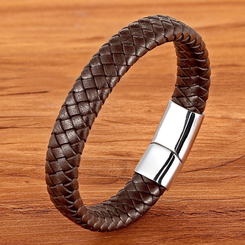 Gold-plated Black Leather -- 21cm Stainless Steel Leather Cord Woven Magnetic Buckle Bracelet
