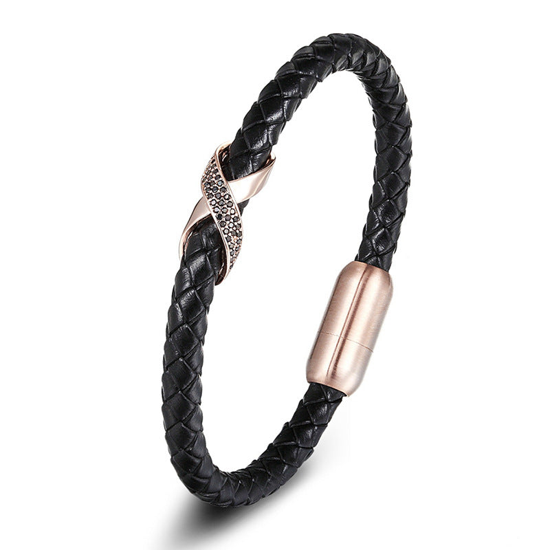 Gold - 23cm Titanium Steel Leather Rope Braided Bracelet