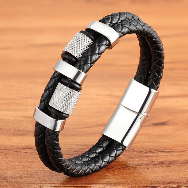 Steel Color - 23cm Stainless Steel Leather Woven Men's Bracelet