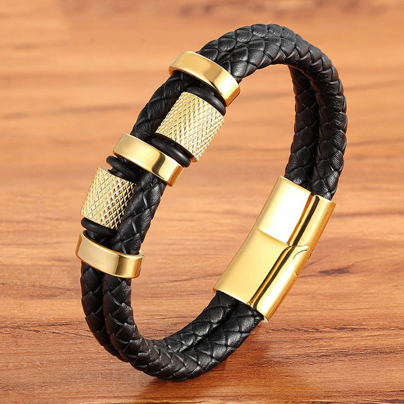 Steel Color - 23cm Stainless Steel Leather Woven Men's Bracelet