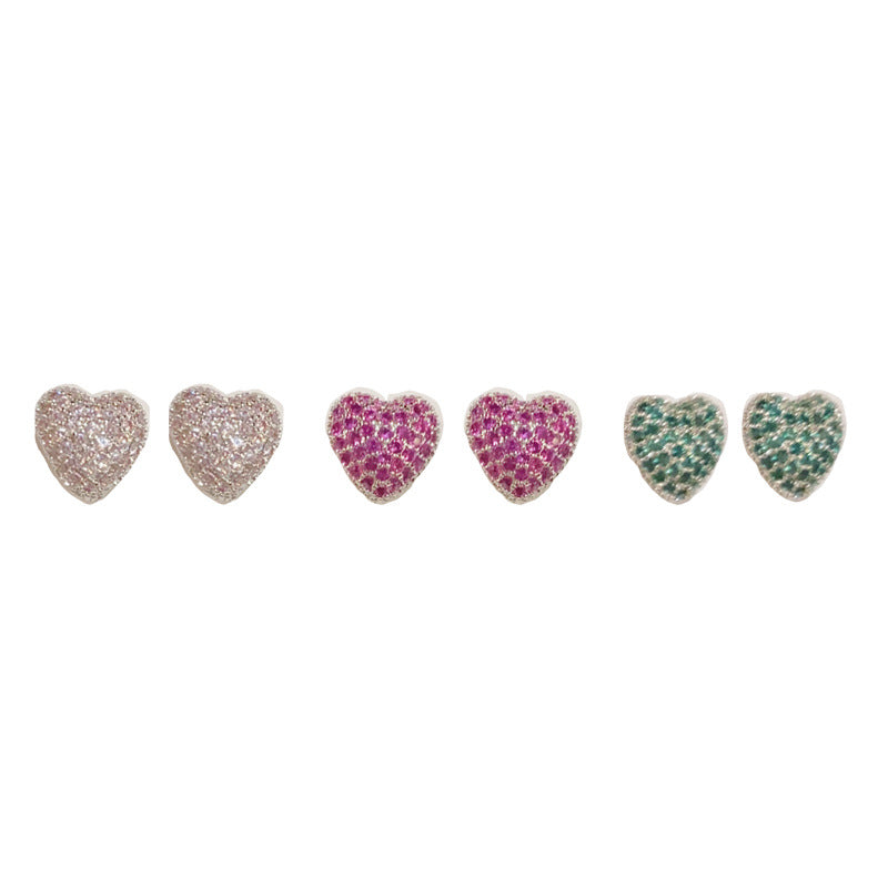 Gold-plated Full-diamond Three-color Heart-shaped Earring Set (thickened Genuine Gold Plating) Copper And Diamond-encrusted Heart Earring Set