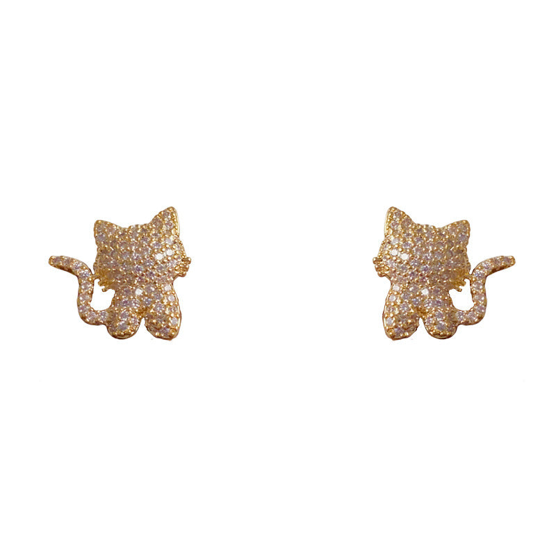 Gold-plated Fully Rhinestone Kitten Earrings (thickened With Real Gold Plating) Cartoon Full-diamond Kitten Earrings