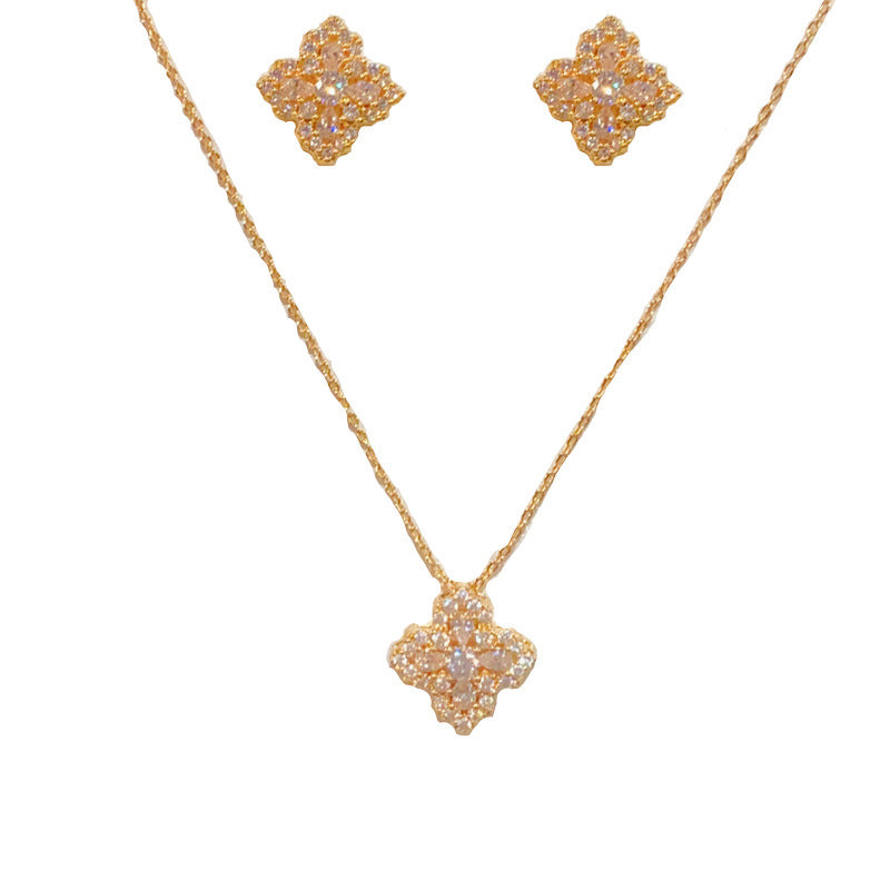 Gold-plated Zircon Four-leaf Clover Set (thickened Real Gold Plating) Copper And Diamond-encrusted Four-leaf Clover Necklace And Earring Set