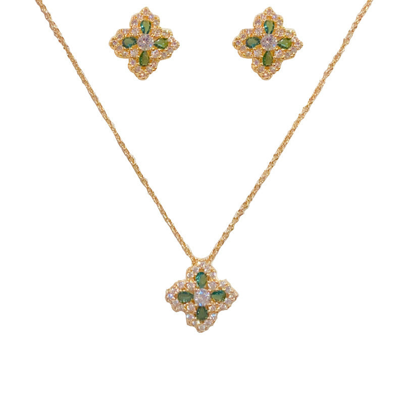 Gold-plated Zircon Four-leaf Clover Set (thickened Real Gold Plating) Copper And Diamond-encrusted Four-leaf Clover Necklace And Earring Set