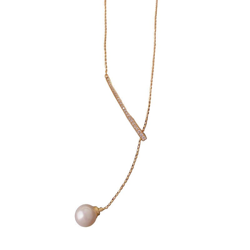 Gold-colored Y-shaped Pearl Tassel Necklace (thickened With Real Gold Plating) Copper Y-shaped Pearl Tassel Necklace