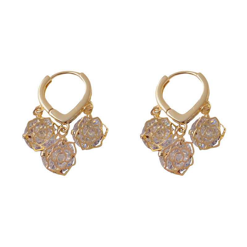 Gold-plated Rose Tassel Earrings With Full Zirconium Color (thickened With Real Gold Plating) Copper And Diamond-encrusted Flower Hoop Earrings