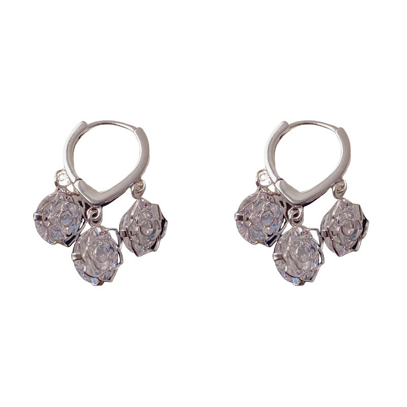 Gold-plated Rose Tassel Earrings With Full Zirconium Color (thickened With Real Gold Plating) Copper And Diamond-encrusted Flower Hoop Earrings