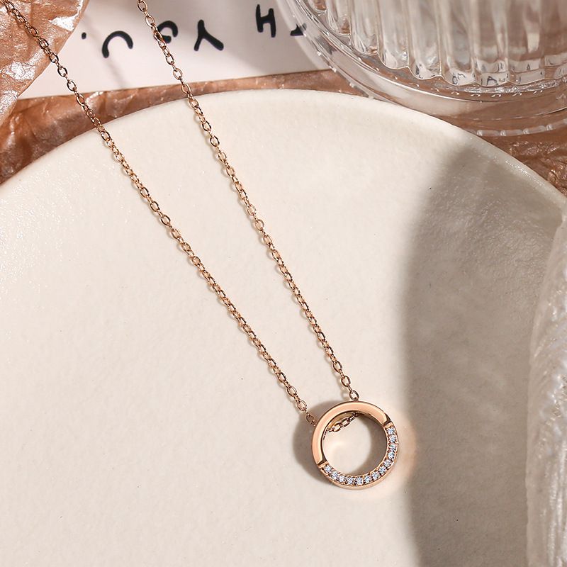 Half-round Diamond Necklace In Rose Gold Titanium Steel Diamond-encrusted Round Necklace