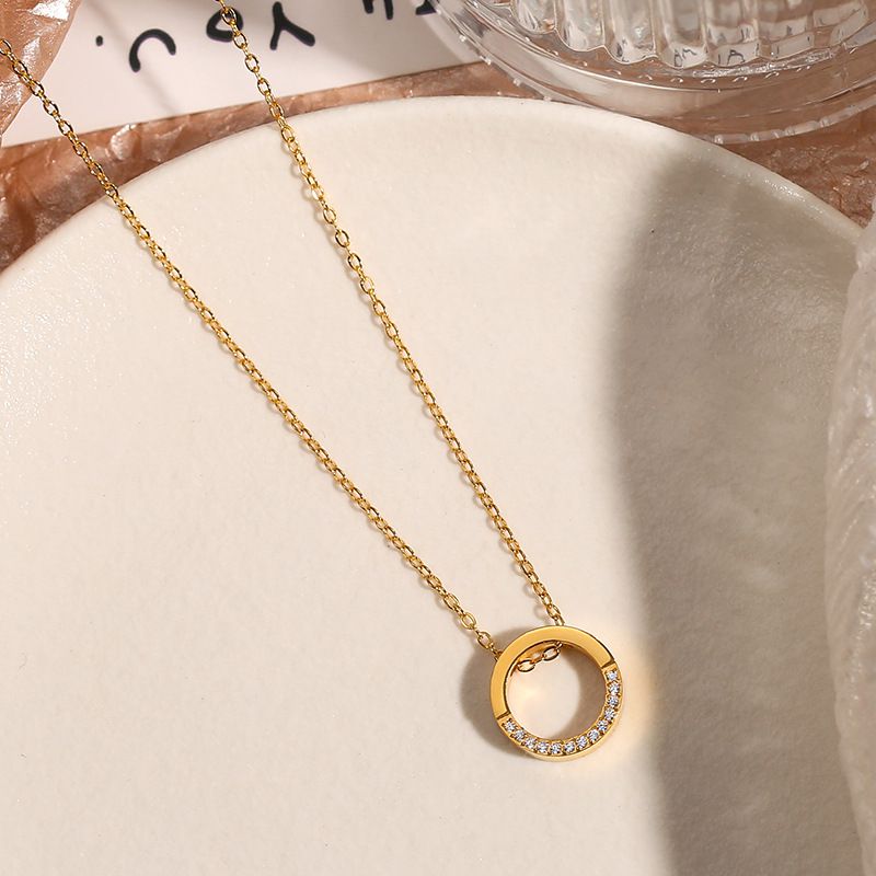 Half-round Diamond Necklace In Rose Gold Titanium Steel Diamond-encrusted Round Necklace
