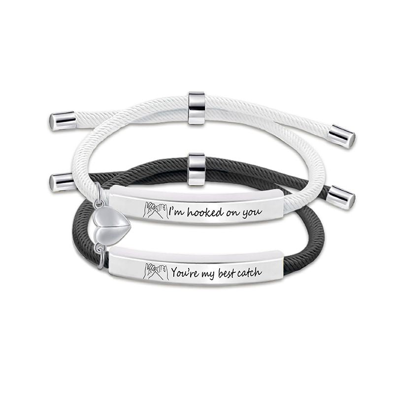 9 Black And White Couple Bracelets Silver Stainless Steel Engraved Woven Magnetic Bracelet