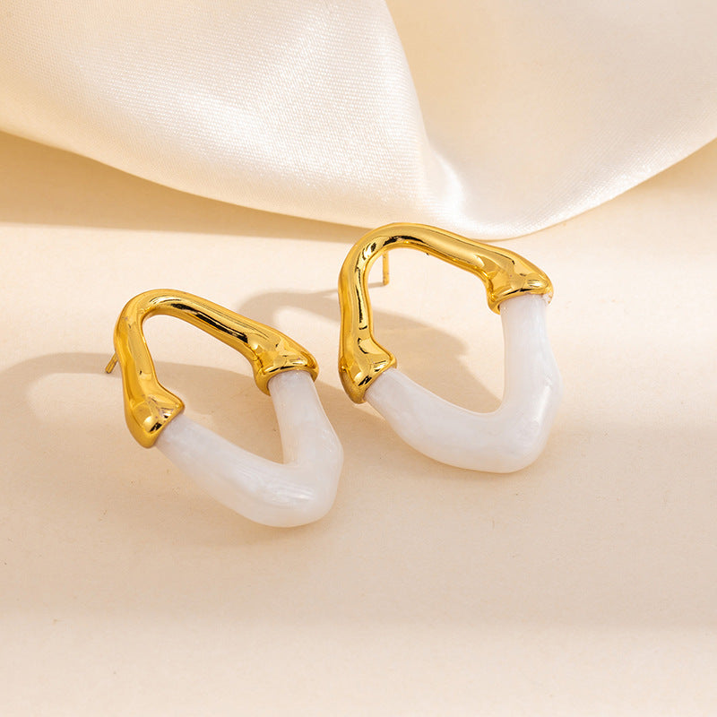 Gold-rimmed Double V Earrings - White Stainless Steel Gold-rimmed Double V Stud Earrings