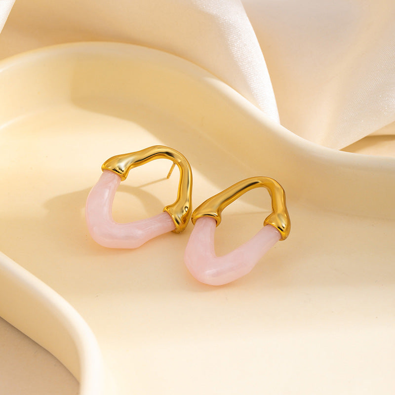 Gold-rimmed Double V Earrings - White Stainless Steel Gold-rimmed Double V Stud Earrings