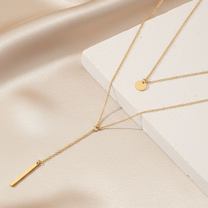 Gold Stainless Steel Round Pendant Long Double-layer Necklace
