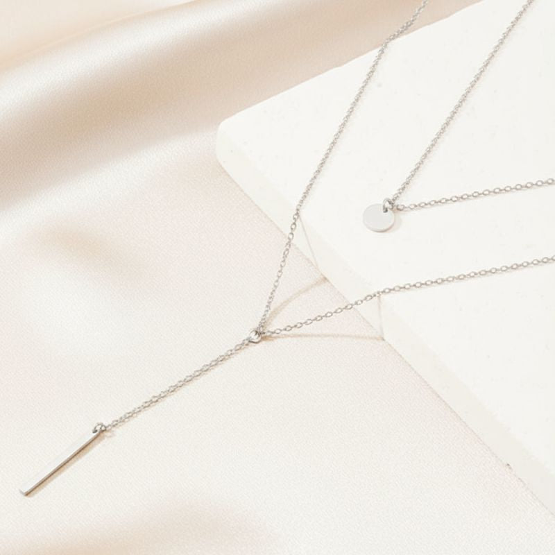 Gold Stainless Steel Round Pendant Long Double-layer Necklace